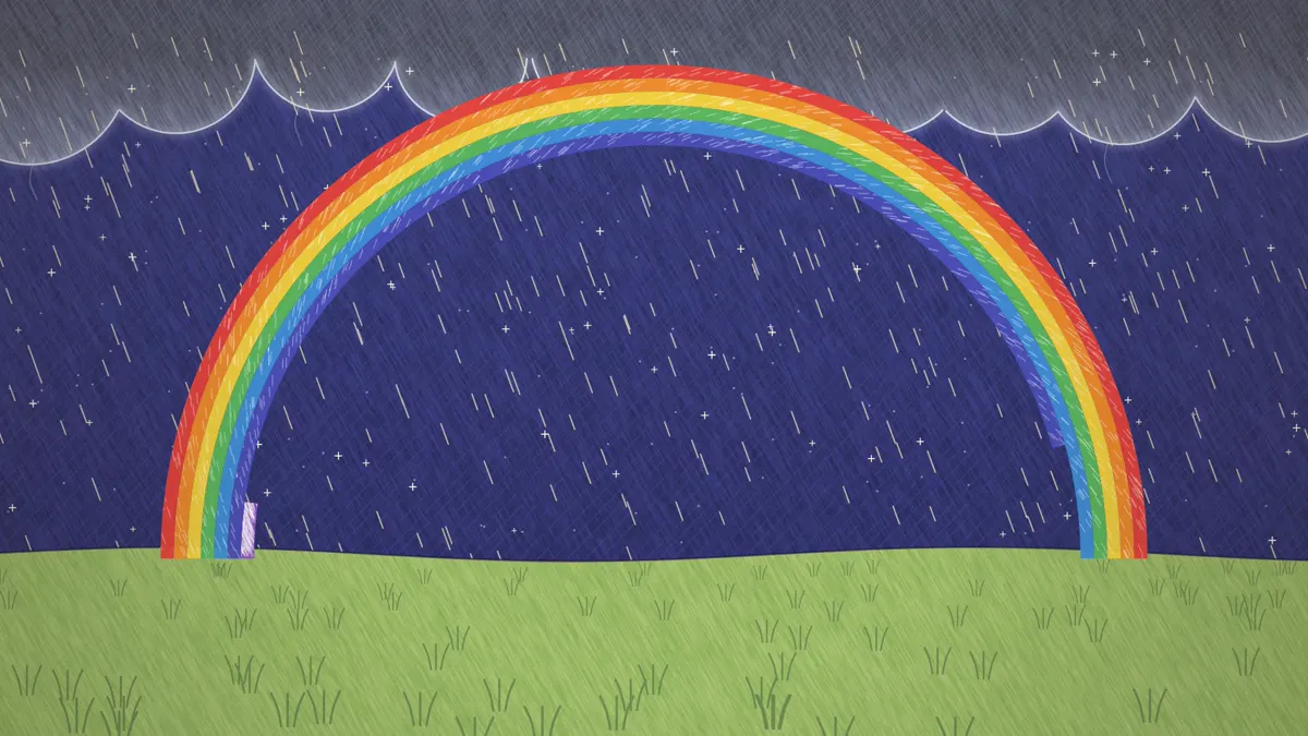 How does a rainbow form, a full arc of colors appearing over falling rain