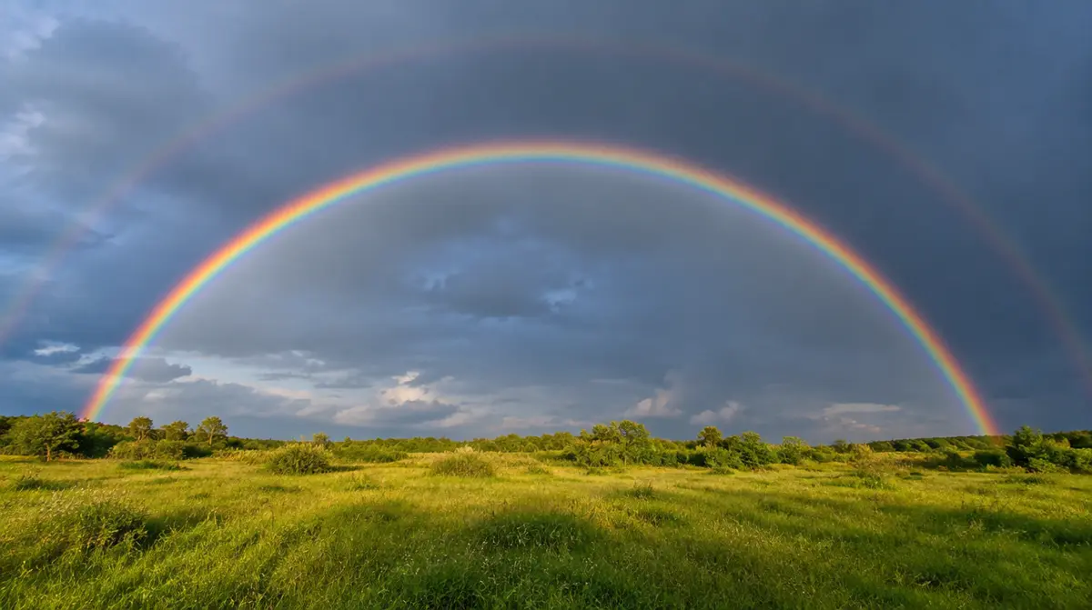 How does a rainbow form, a bright rainbow arching over a green meadow after a rain shower with the sun behind the viewer