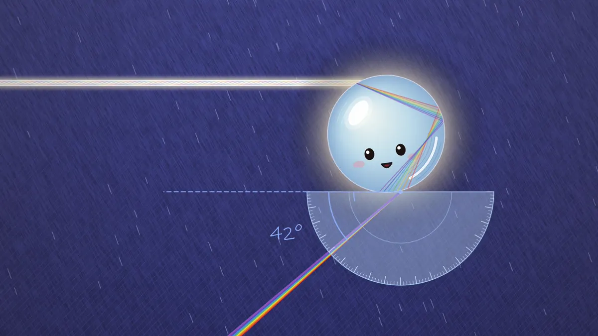 The 42 degree rainbow angle, colored light leaving a raindrop toward the viewer