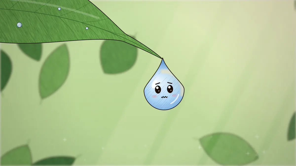 Raindrop hanging from a leaf tip in a teardrop shape before it falls