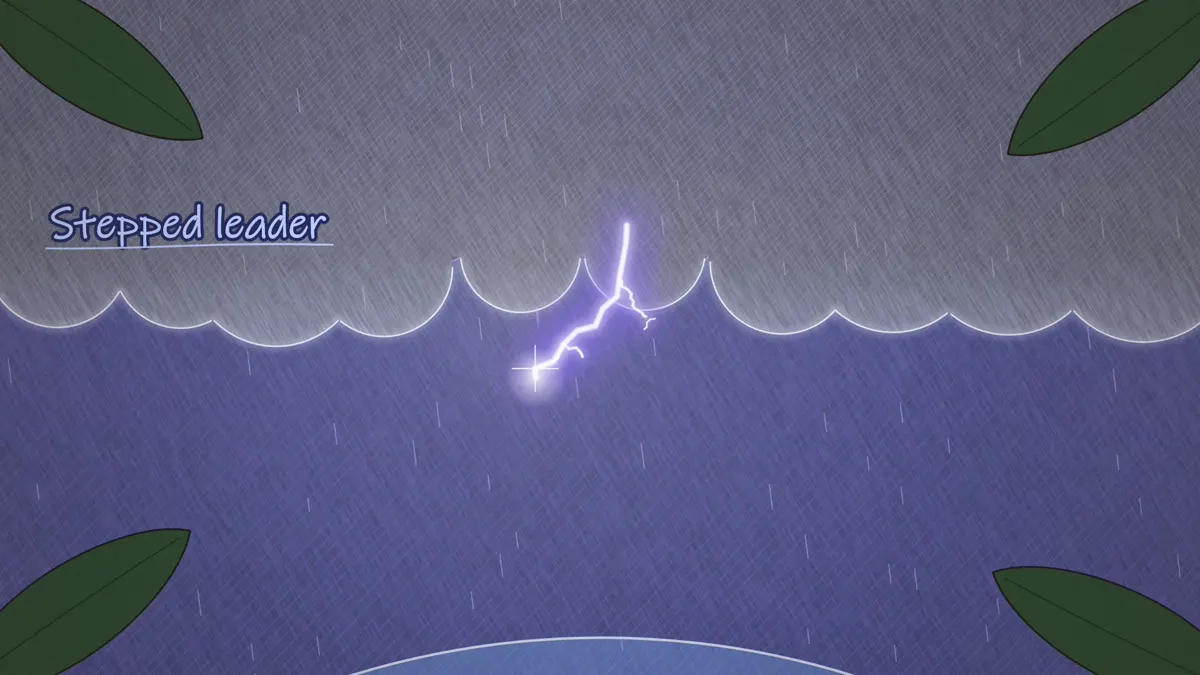 A stepped leader of lightning branching down from the bottom of a storm cloud