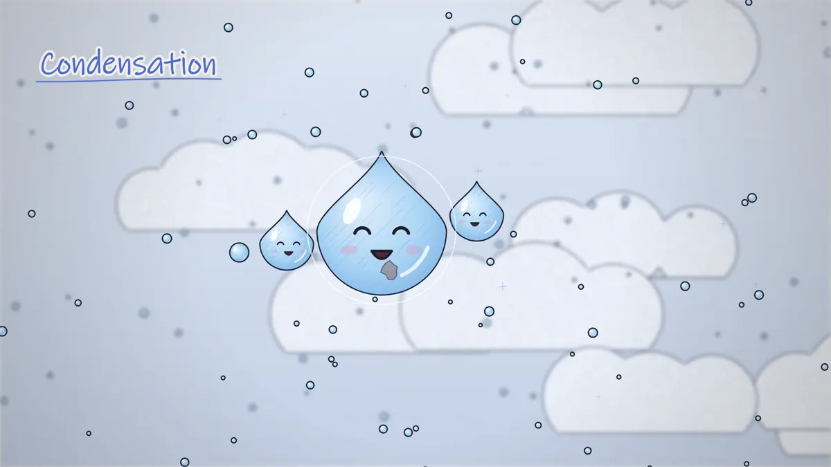 Condensation in the water cycle, water droplets forming a cloud