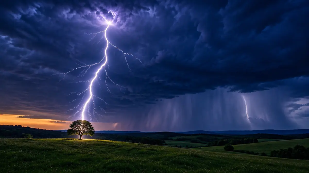 What causes thunder, a lightning bolt striking from a dark storm cloud over a green field at dusk