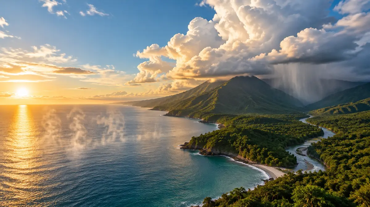 What is the water cycle, ocean mist rising into clouds, rain on a mountain and a river returning to the sea