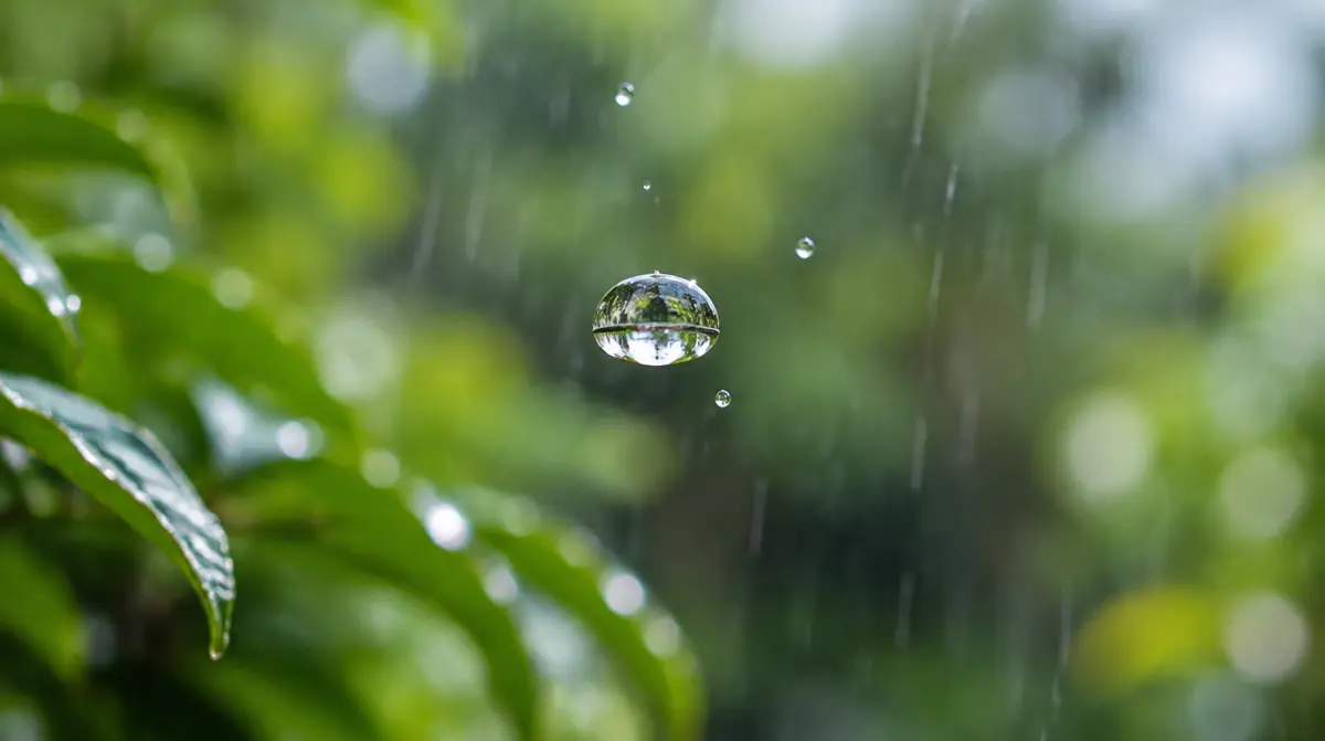 What shape is a raindrop, a falling raindrop flattened on the bottom like a bun against a soft green background