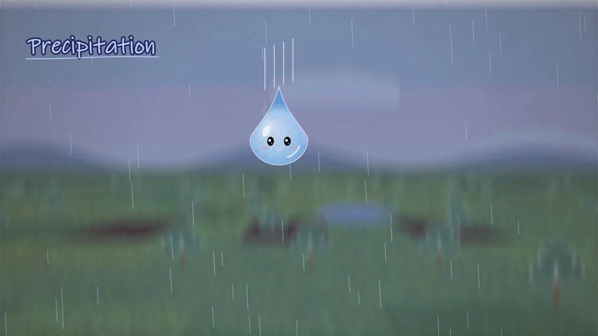 A raindrop falling from the cloud as precipitation over green fields