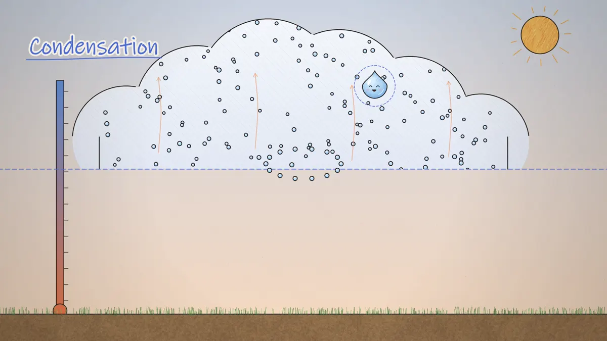 Condensation forming cloud droplets as rising air cools, with a thermometer showing the drop in temperature