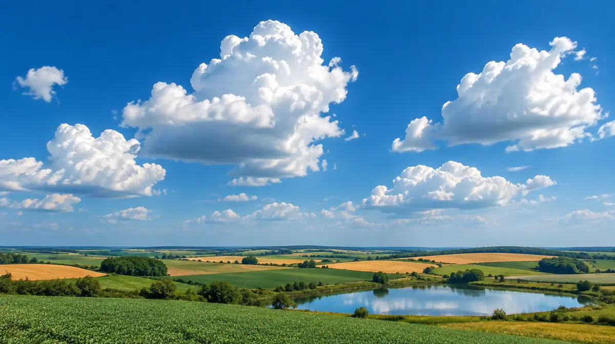Why do clouds float, bright white cumulus clouds drifting over green farmland in warm sunlight