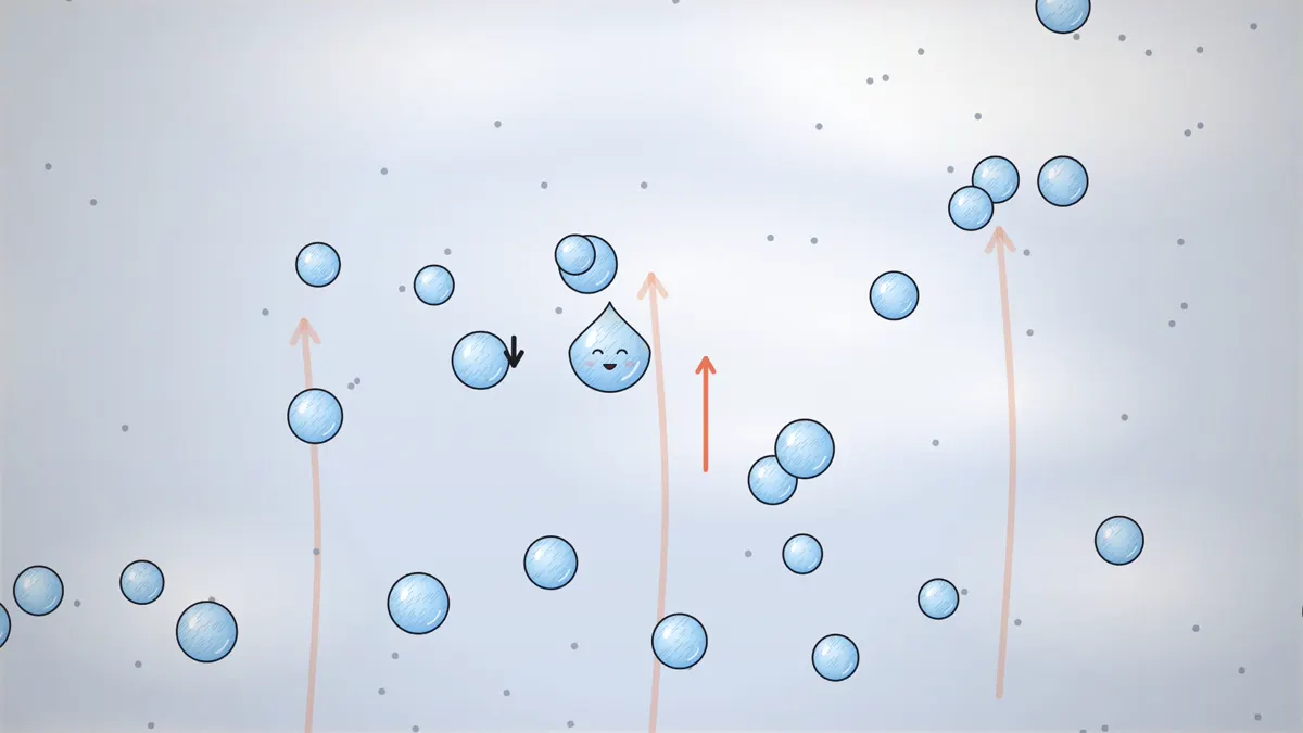 Tiny cloud droplets held up by rising air currents inside a cloud